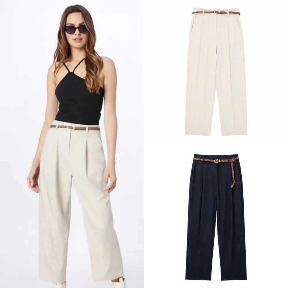 

Women Pant 2024 Summer High Waist With Belt Straight Pant Woman Loose Casual Ankle Pants Chic Female Trousers