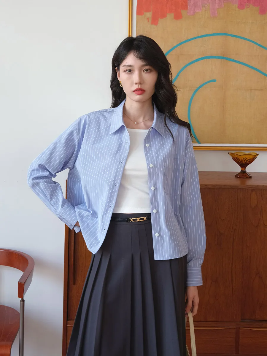 

ort Sve Женский полосатый цветной тканый 3D-эффект синего цвета из смеси хлопка и полиэстера против морщин, французский Sle, прямой крой