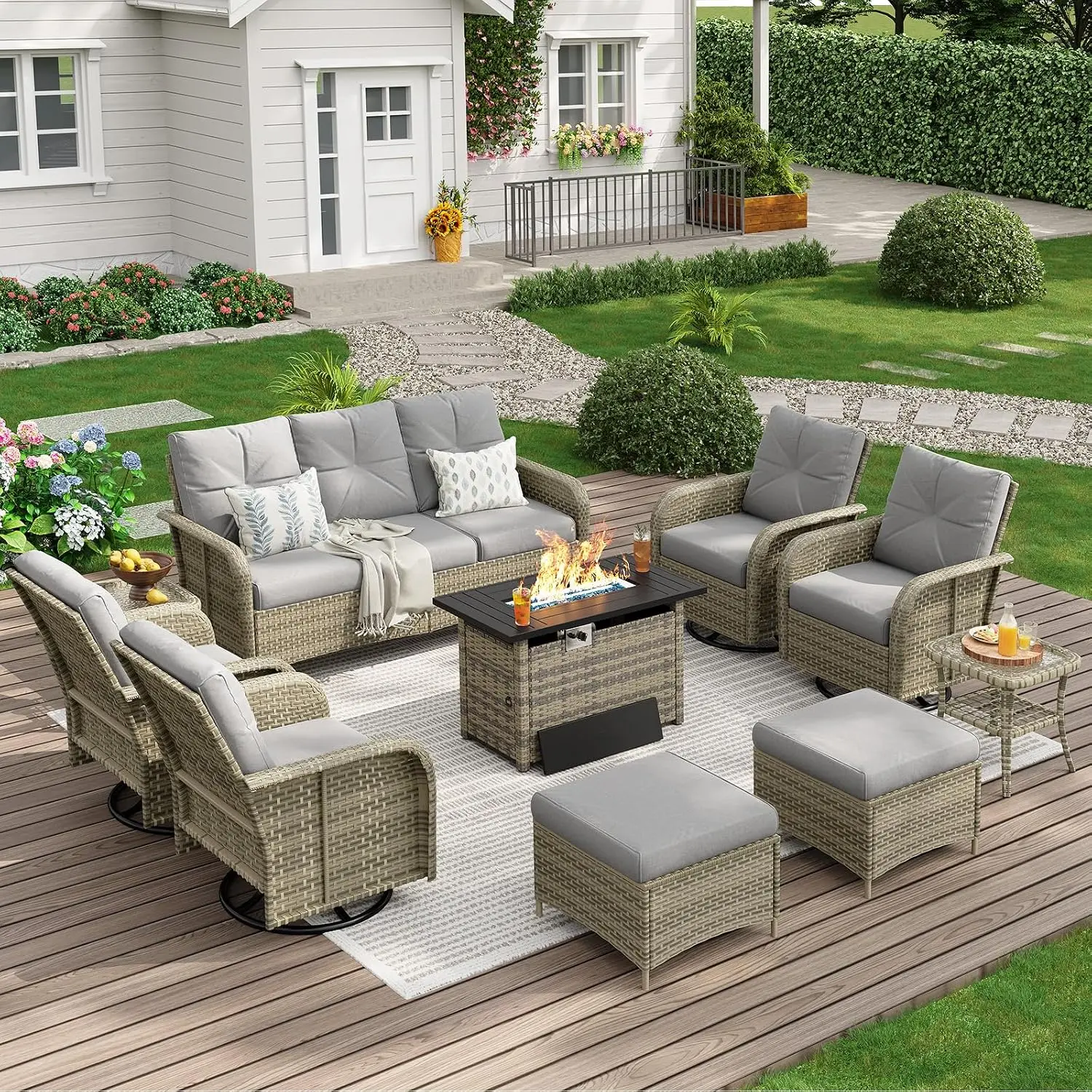 Luxury 12-Piece Patio Furniture Set with 44'' Fire Pit Table, 360° Swivel Chairs, Wicker Rattan Sofa & Thick, Customized
