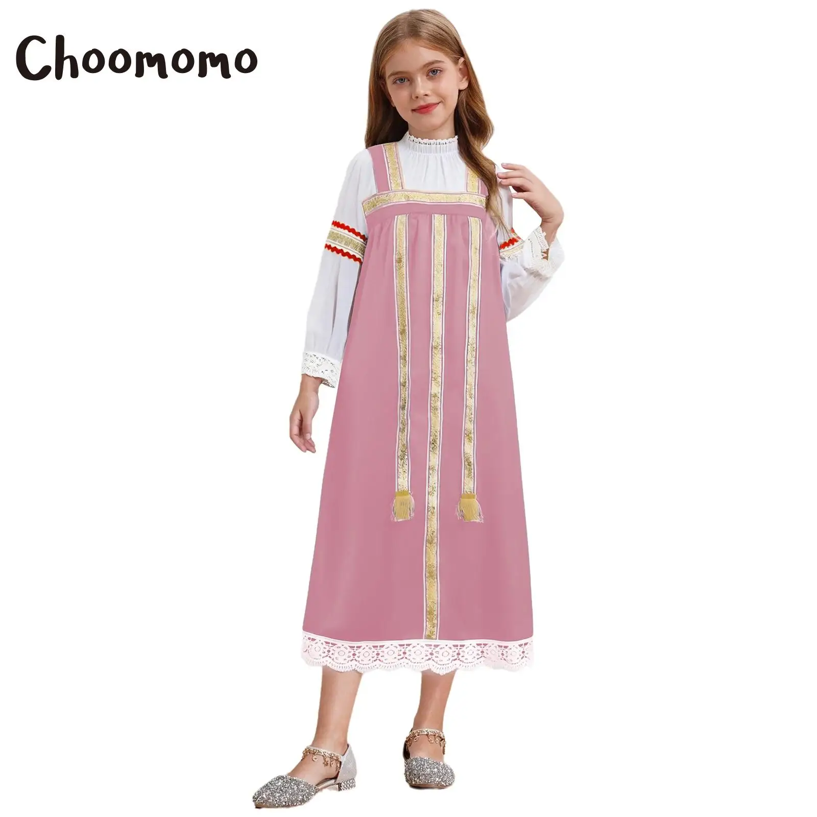 

Kids Girls Russian Traditional Costume Halloween Cosplay Themed Party Dress Long Sleeves Flower Embroidery Cami Maxi Dress Up