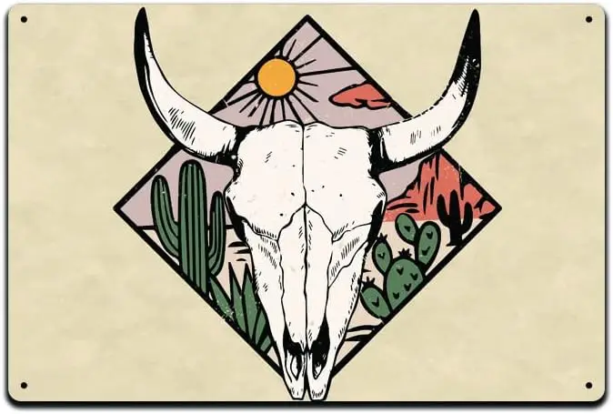 1p,Cattle Bull Cow Skull 12 X 8 Tin Metal Sign Décor Stones Flower Psychedelic Mushroom Hippie Green Rainbow Rock Gypsy Peace Sk
