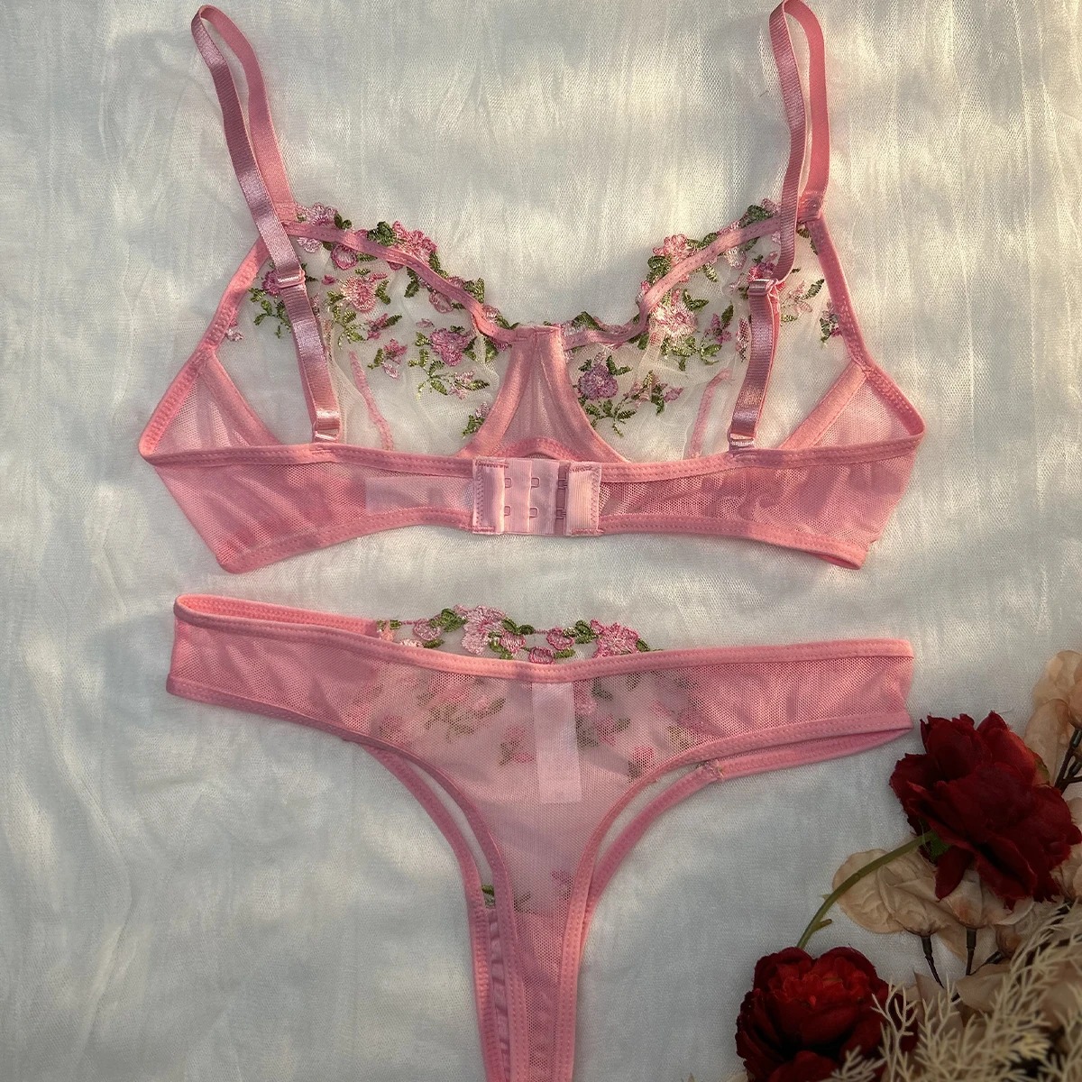 Pink Sexy Lingerie Woman Lace Transparent Underwear Fairy Embroidery Brief Sets Delicate Bra Panties Kits Erotic Breves Sets