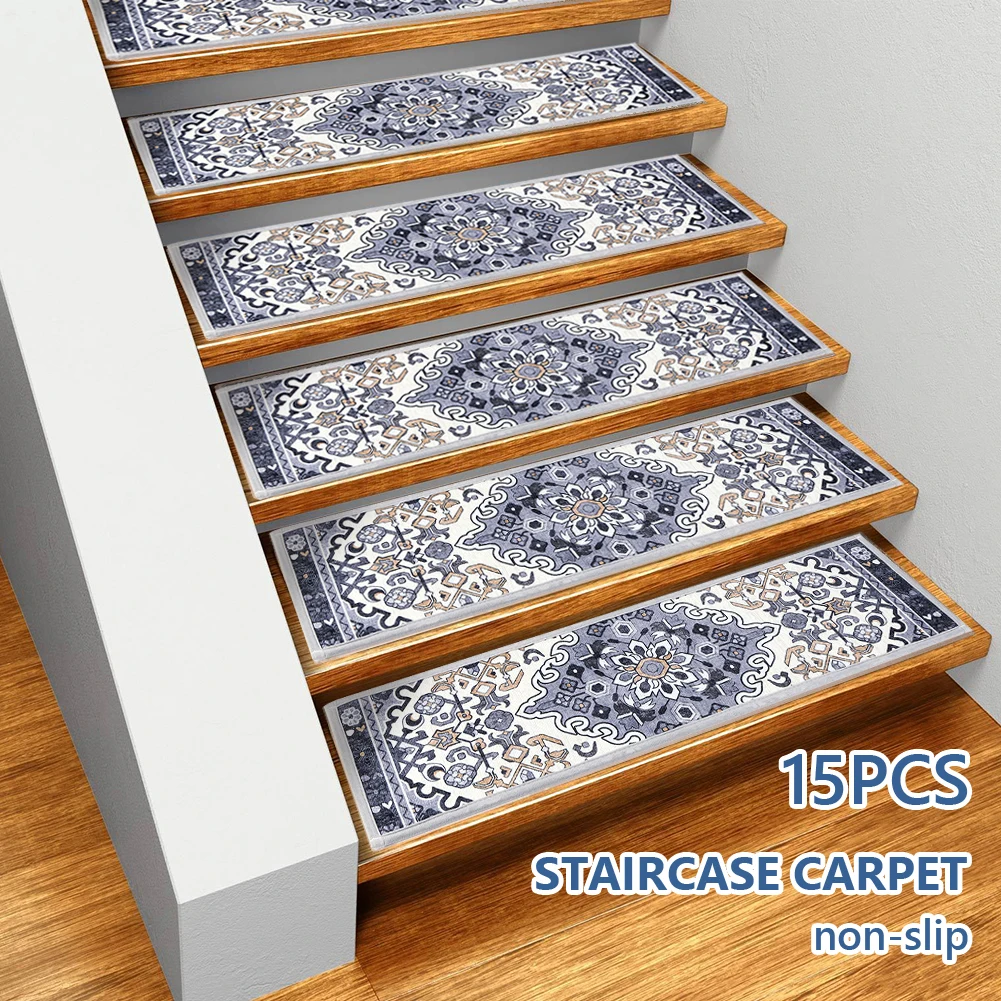 

15PCS Carpet Stair Treads Non Slip Indoor Stair Rugs Safety Mats Bohemian Stairway Carpet Rugs Safety Mats for Dogs Kids & Elder