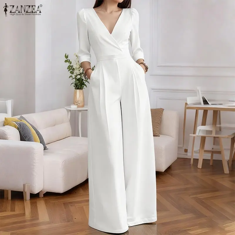 

Женские комбинезоны ZANZEA OL Work Party, однотонные летние комбинезоны с рукавами 3/4 и V-образным вырезом, однотонные комбинезоны с широкими штанинами, уличная одежда