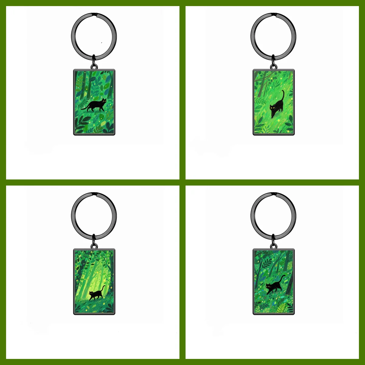 

Forest Black Cat Rectangle Pendant Keychain Stainless Steel Animal Keyring Car Bag Decoration Accessory for Women Kid Gift