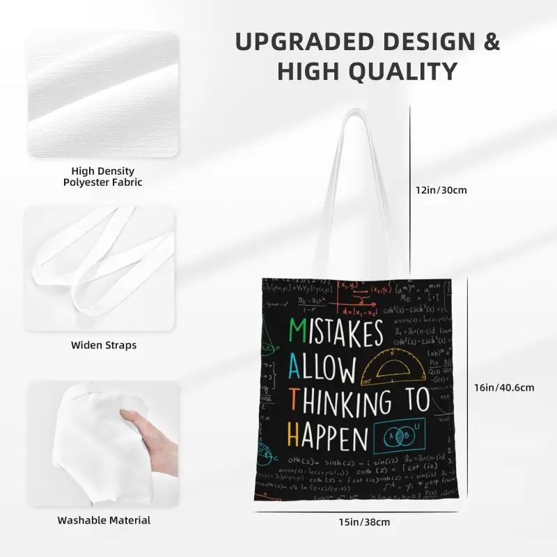 Fashion Printed Mistakes Allow Thinking To Happen Tote Shopping Bag Portable Canvas Shoulder Shopper Math Teacher Quotes Handbag