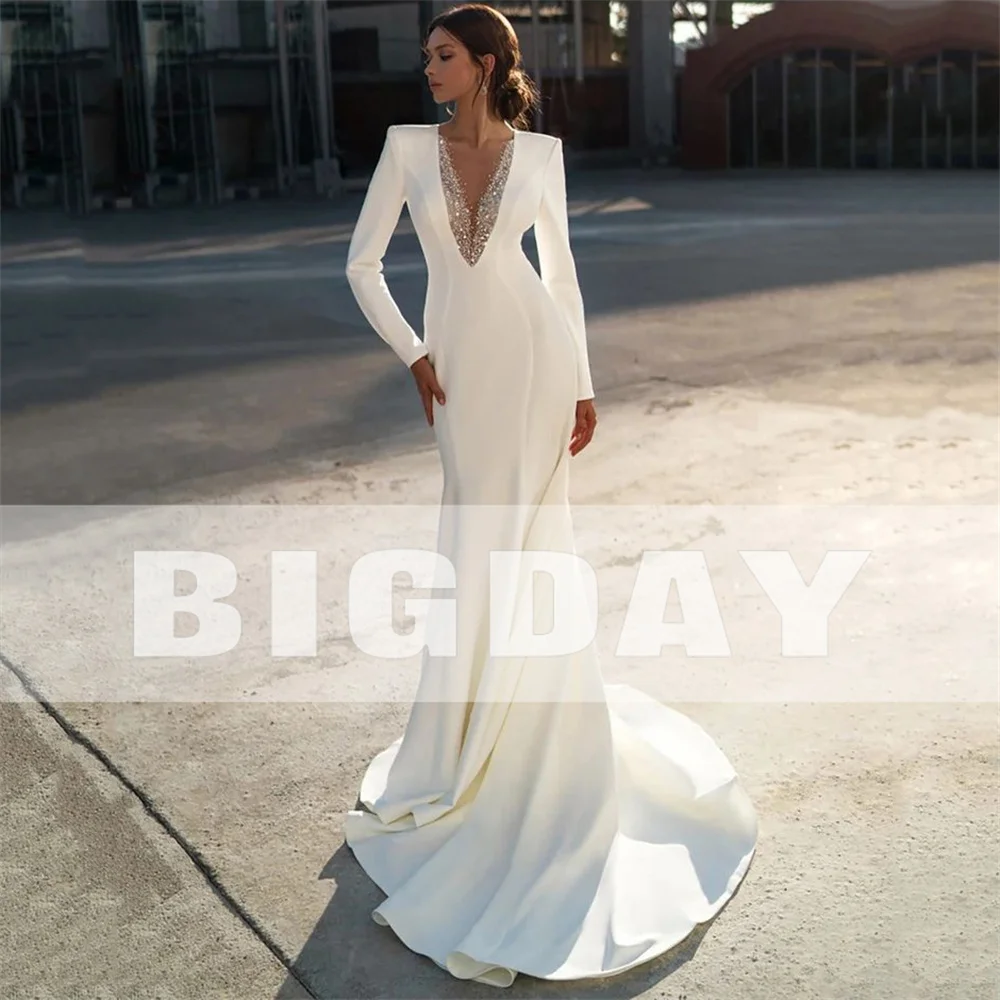 Elegant Mermaid Wedding Dress Women 2024 V-Neck Long Sleeve Beading Zipper Back Satin Bridal Gown Sweep Train Vestidos De Noiva