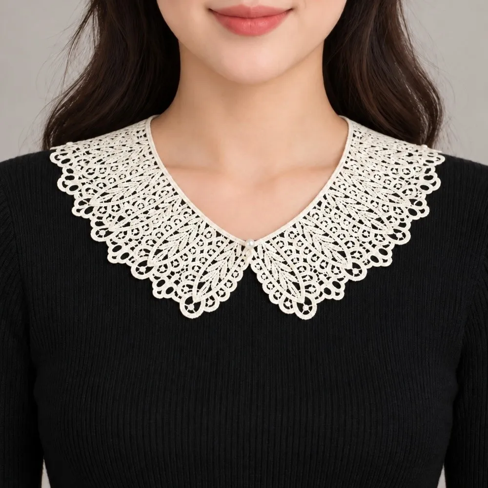Mini Pearl Button Detachable Lace Collar Hollow Design Lightweight Peter Pan Collar Soft Material Breathable Decorative Shawl