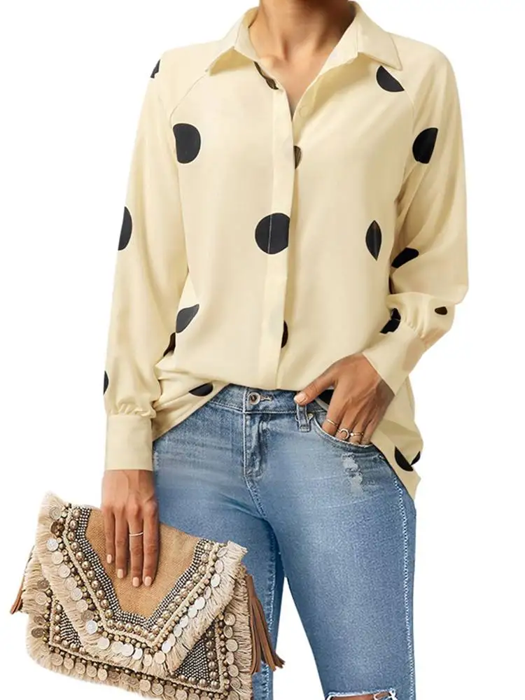 Women Elegant Long Sleeve Printed Blouse 2024 Autumn Polka Dot Shirt ZANZEA  Female OL Work Tops Vintage High Low Blusas Mujer