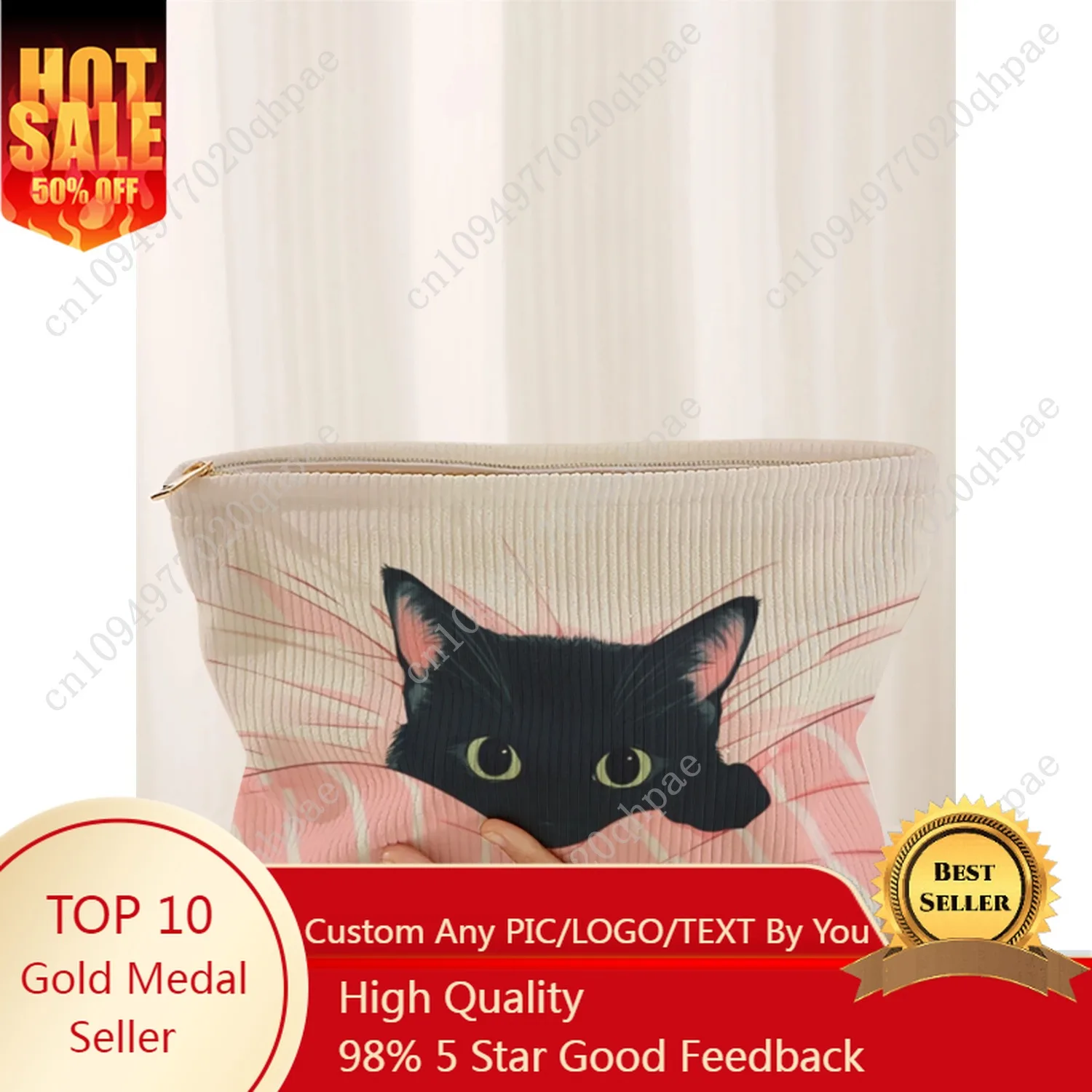 

1 cat patterned corduroy makeup bag, lightweight zipper makeup storage box, multifunctional bag with lining