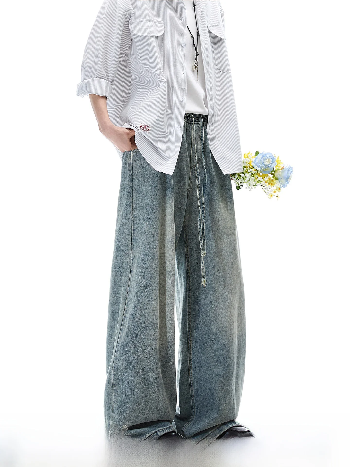 American Washed Drawstring Wide Leg Jeans Men's Spring Straight Cut Loose Fit Cotton Recycled Fiber Blend Wear Resistant