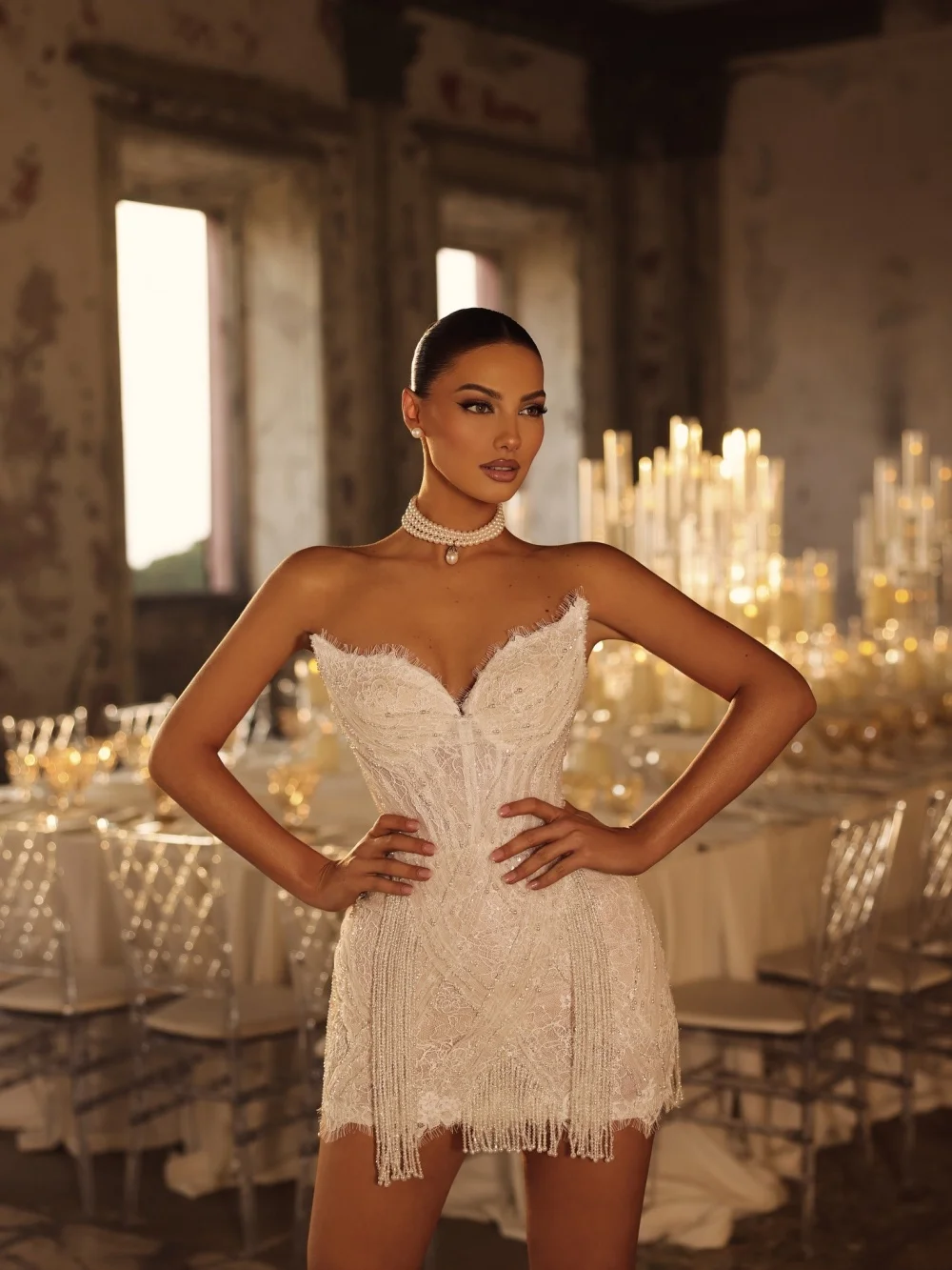 Sparkly Fitted Mini Bridal Gown Customized Strapless Lace Wedding Dress Beaded Fringe Elegant Vestido De Novia for Pre Wedding