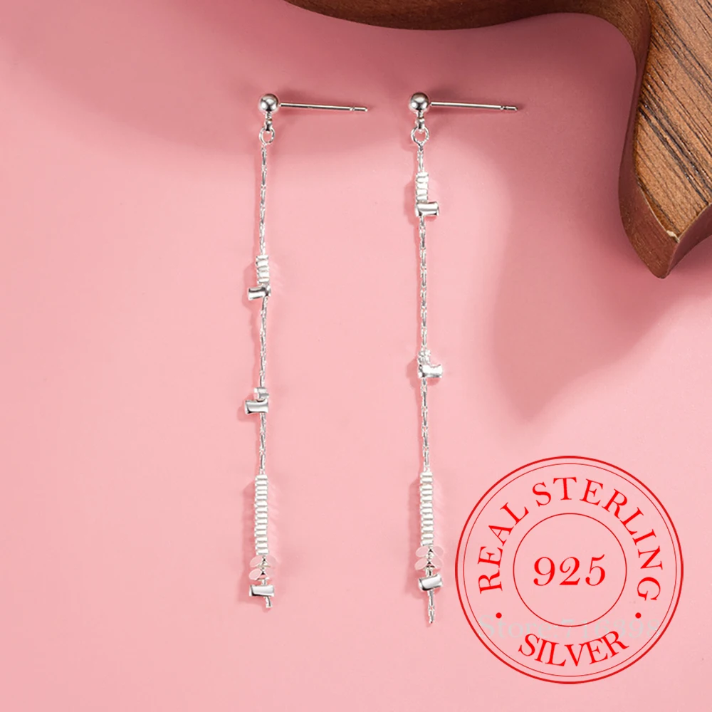 Prawdziwe pieniądze 925 Sterling Silver Geometryczne długie kolczyki z frędzlami dla kobiet S925 Biżuteria ślubna Prezent Aretes De Mujer