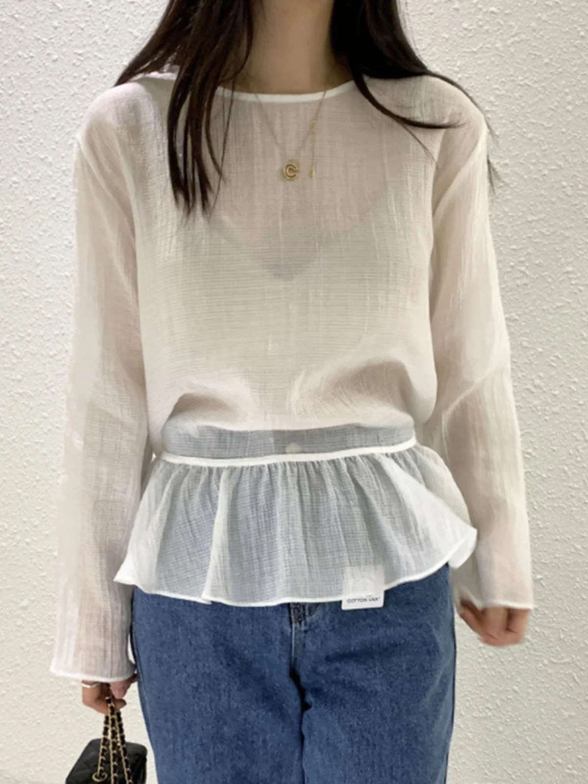 

Spring 2025 White Long Sve Women's irt Korean Sle Sweet Versatile Micro Transparent Pleated Lace Sweet Top
