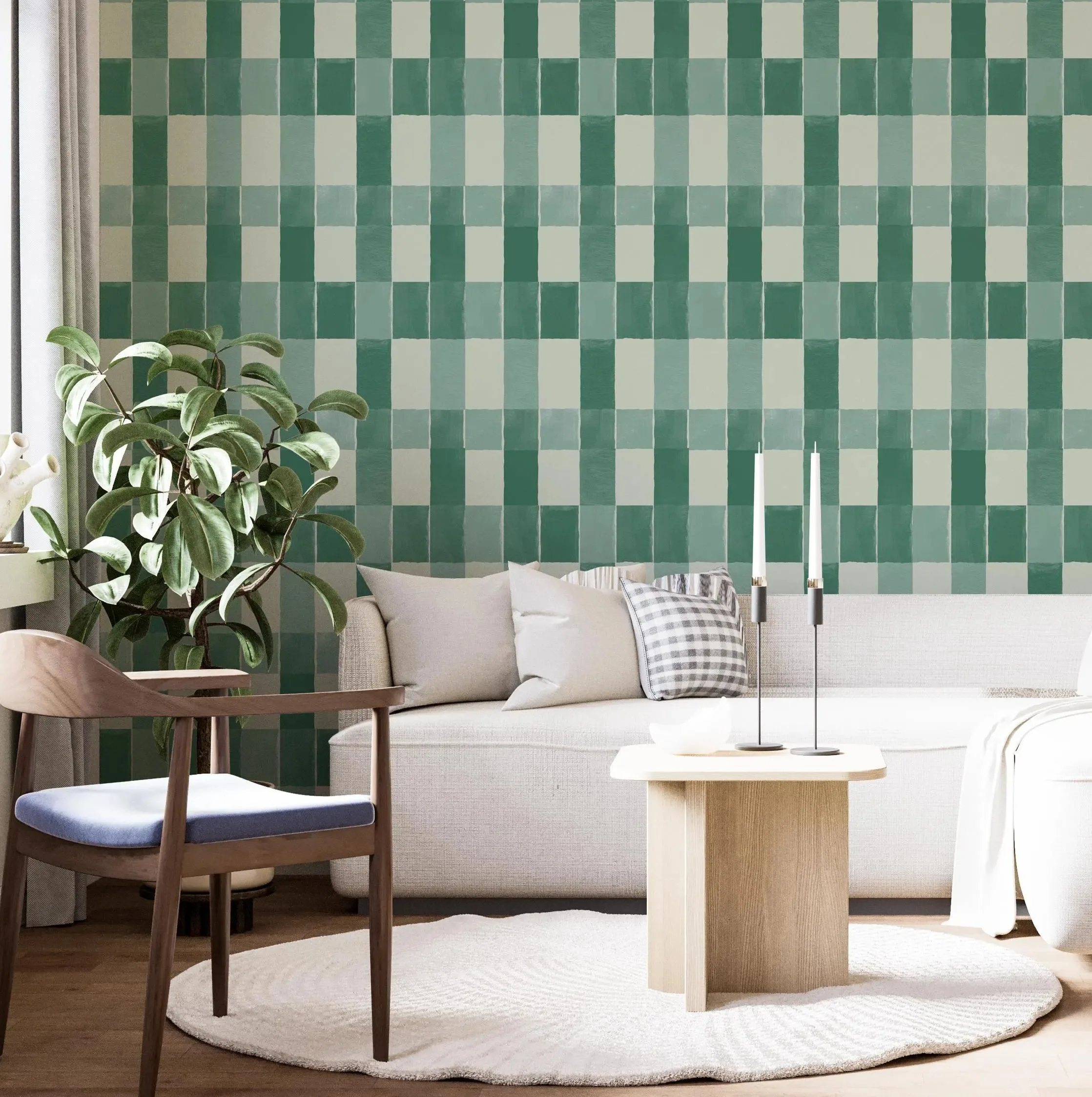 Green Watercolor Checkered Pattern Peel and Stick Wallpaper,Modern Gingham Accent Wall Design For Renter, Minimalist Plaid Paper