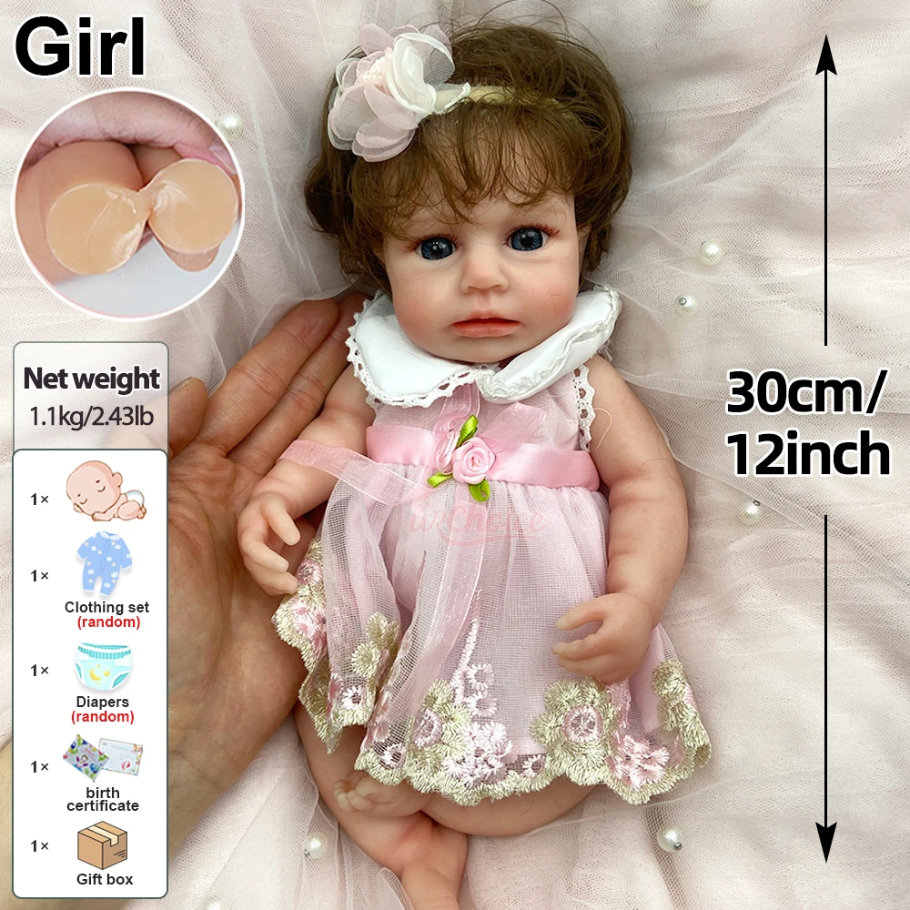 Bambola Reborn LouLou da 12 Pollici con Bocca Aperta, in Silicone Solido, con Capelli Infoltiti, Corpo Intero in Silicone, Regalo di Natale