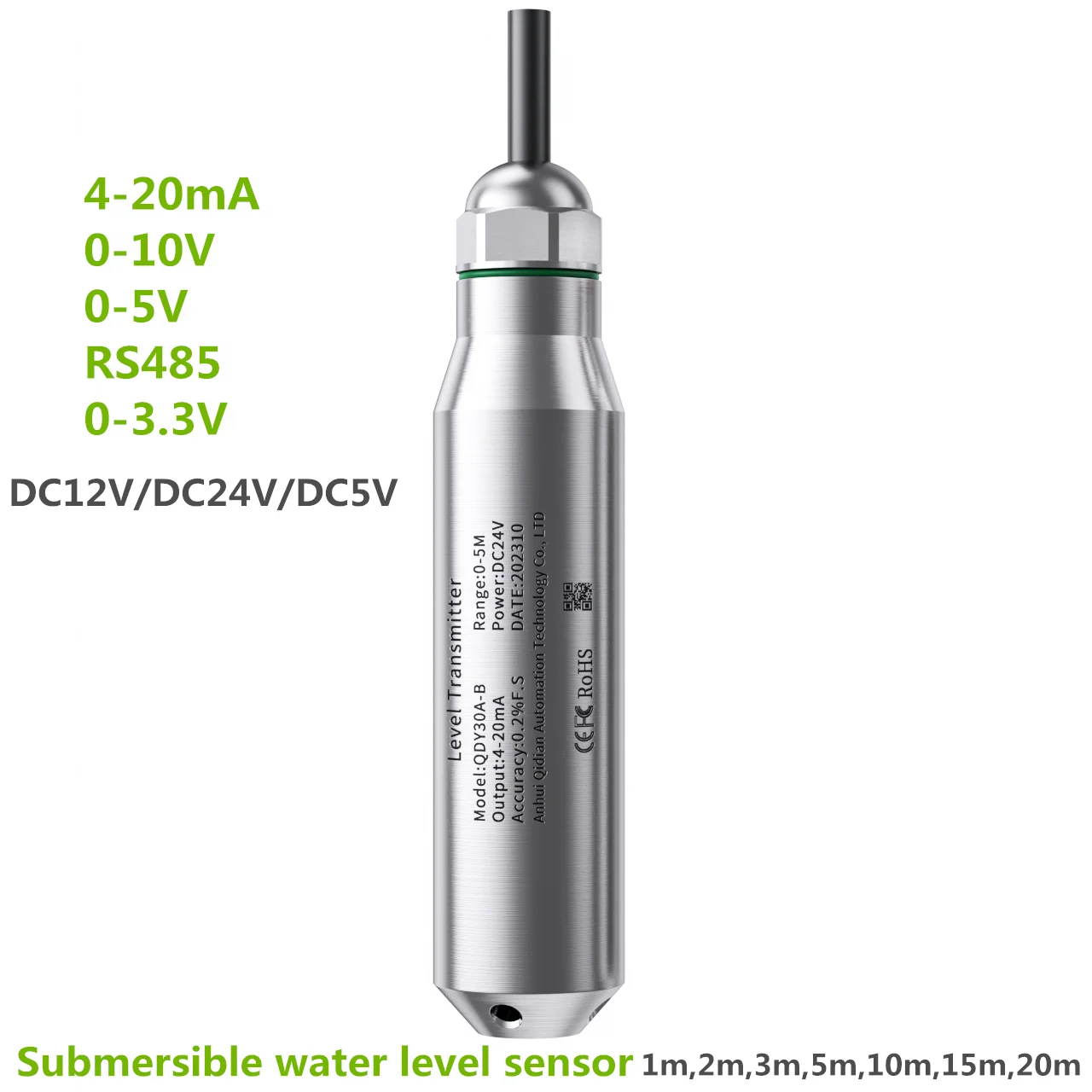 4-20mA Liquid Level Transmitter Submersible Liquid Level Sensor Transducer 0-10V RS485 Water Level Meter for Deep Well