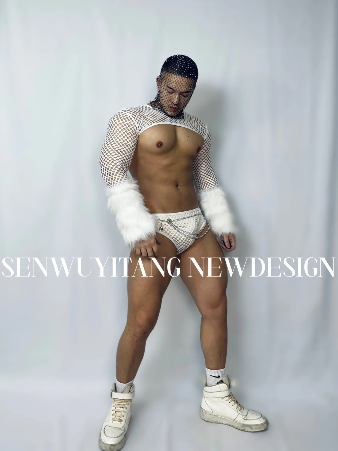 Nightclub Bar Gogo Clothing Muscle White Wool Mesh Perspective Tops+Shorts Suit Male Female Singer Dance Team Costumes Women