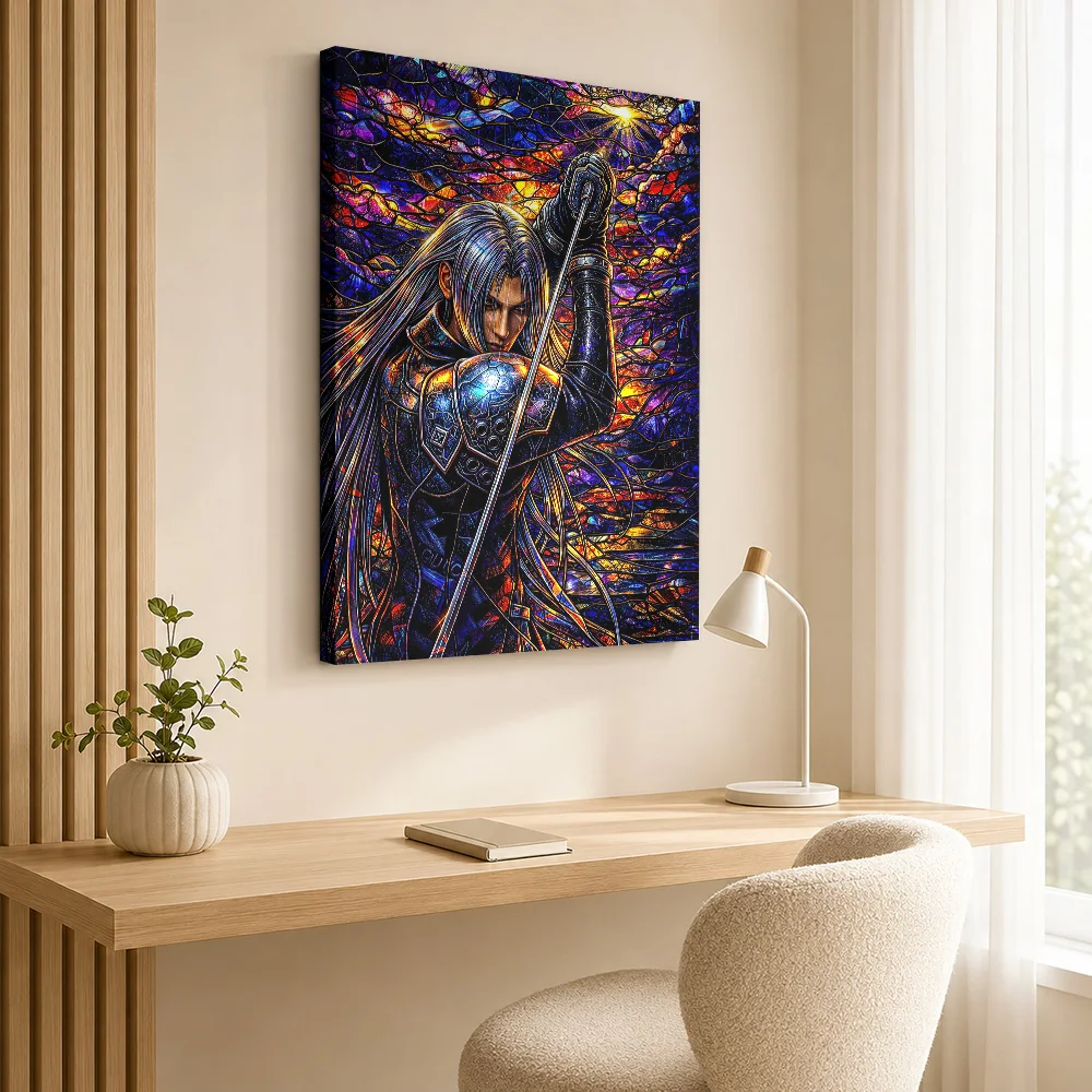 Sephiroth in Stained Glass Style Framed Canvas Poster Customized Photo Modern Aesthetic Wall Art for Living Room Bedroom Decor