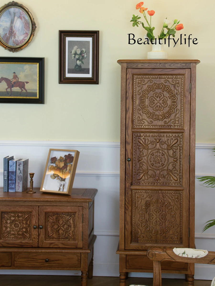 

American style solid wood carved high cabinet, rustic retro style storage cabinet