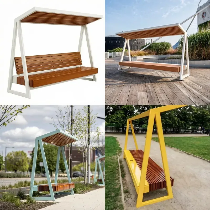 Heavy Duty Cast Aluminum Frame Solid Wood Outdoor Bench with Canopy Weatherproof for Parks Courtyards Gardens