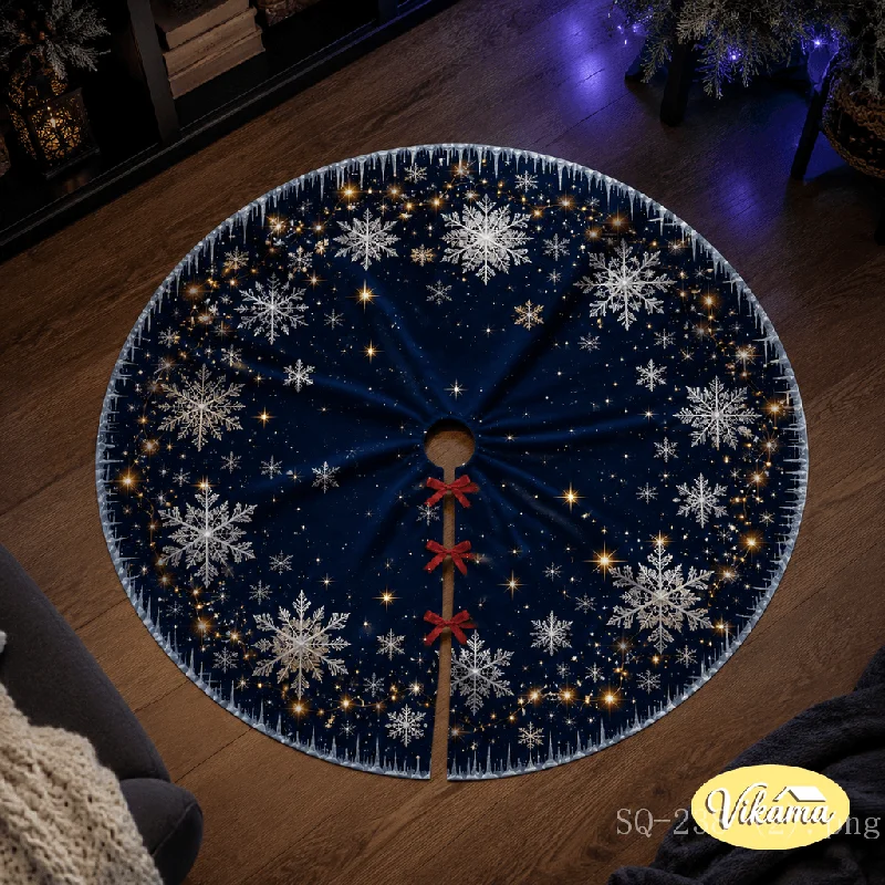 Christmas Tree Skirt Navy White Snowflakes Gold Star Icicle Print, Tree Base Cover Cozy Holiday Home Decor