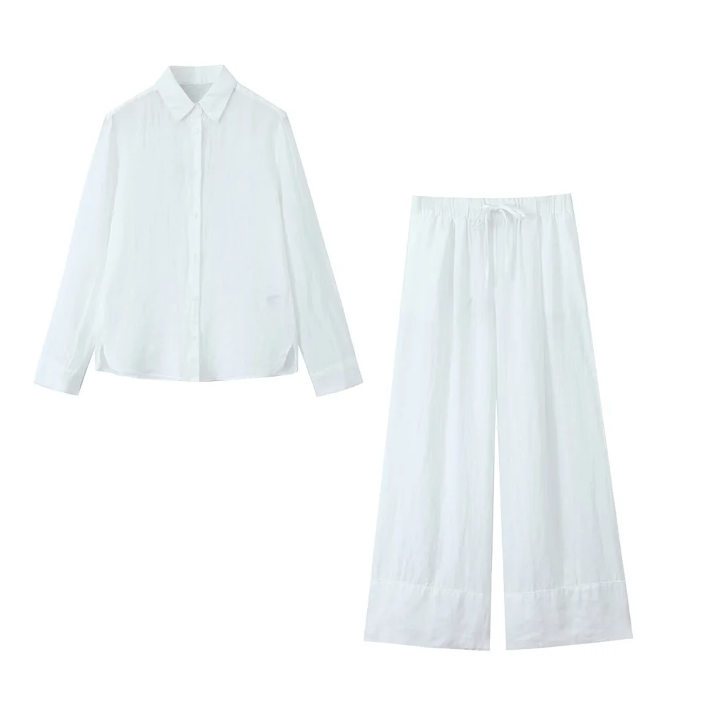 Zach Ailsa 2024 Summer New Product Women\'s Simple Polo Collar Long sleeved Linen Shirt High Waist Wide Leg Pants Fashion Set