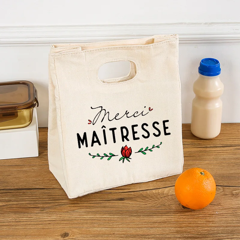 Sacos térmicos de sorvete com estampa francesa, saco de almoço portátil isolado de lona bento tote térmico escolar bolsa de armazenamento de