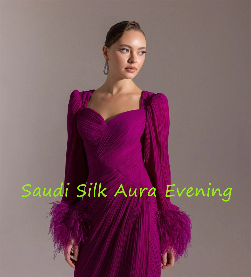 customizedCustomized Graceful Purple Chiffon Evening Dress Sweetheart Long Sleeves Homecoming Dress Delicate  Feathers Vestido D image 4