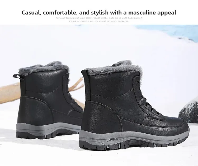 Herren-Winterstiefel, warme, mit Plüsch gefütterte Stiefeletten, rutschfeste Outdoor-Wanderschuhe, Arbeitsschuhe, Schnürstiefel, hohe Lederstiefel. – Detail 4