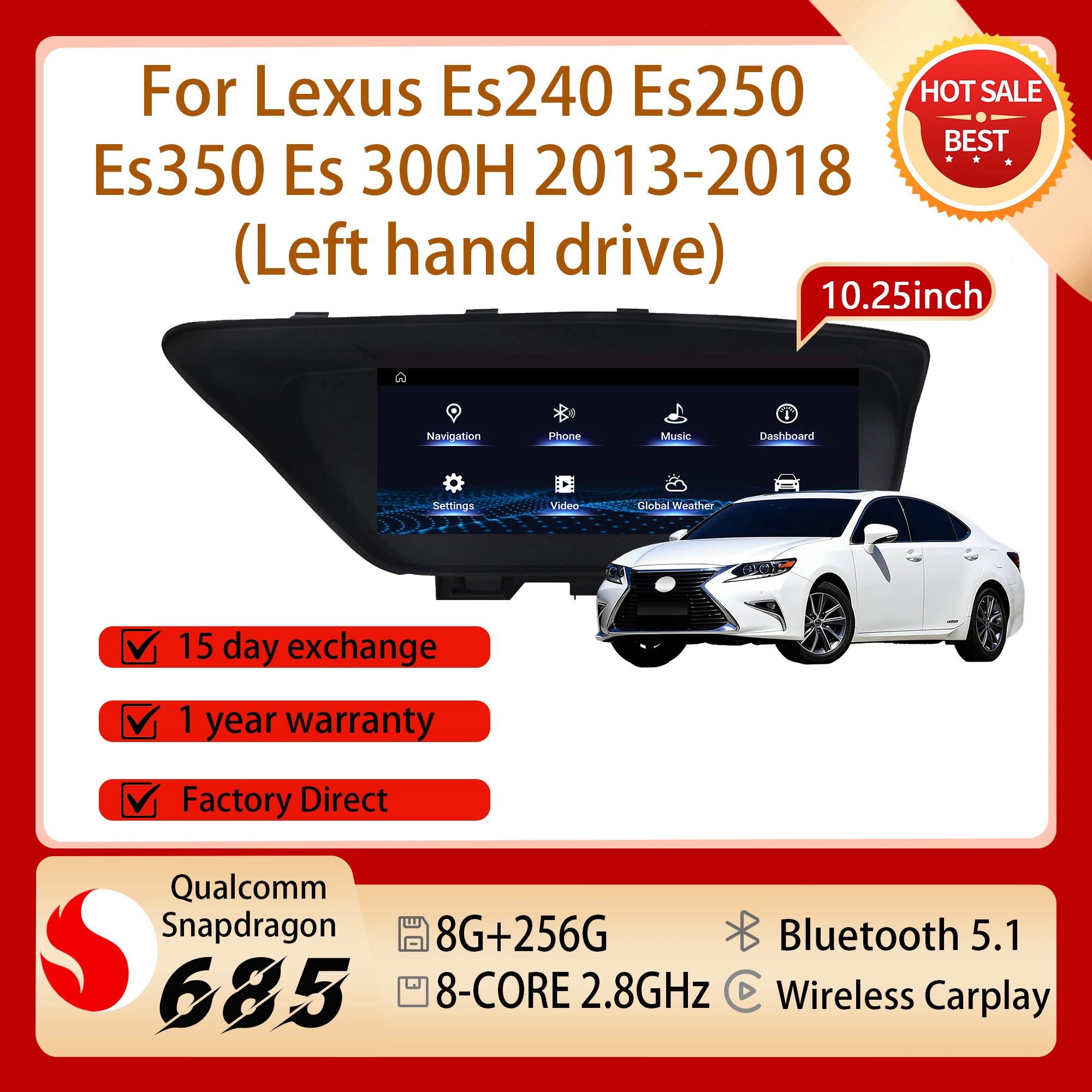 10.25 inch Android 14 Radio Carplay BT For Lexus Es240 Es250 Es350 Es 300H 2013 - 2018 GPS Split Screen Wireless Snapdragon 680