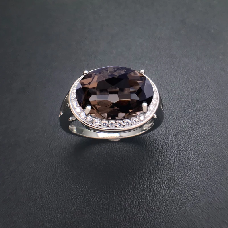 CSJ Smoky Quartz Rings Sterling 925 Silver Natural Gemstone Oval Cut 10*14mm Women Lady Wedding Engagment Party Gift Box
