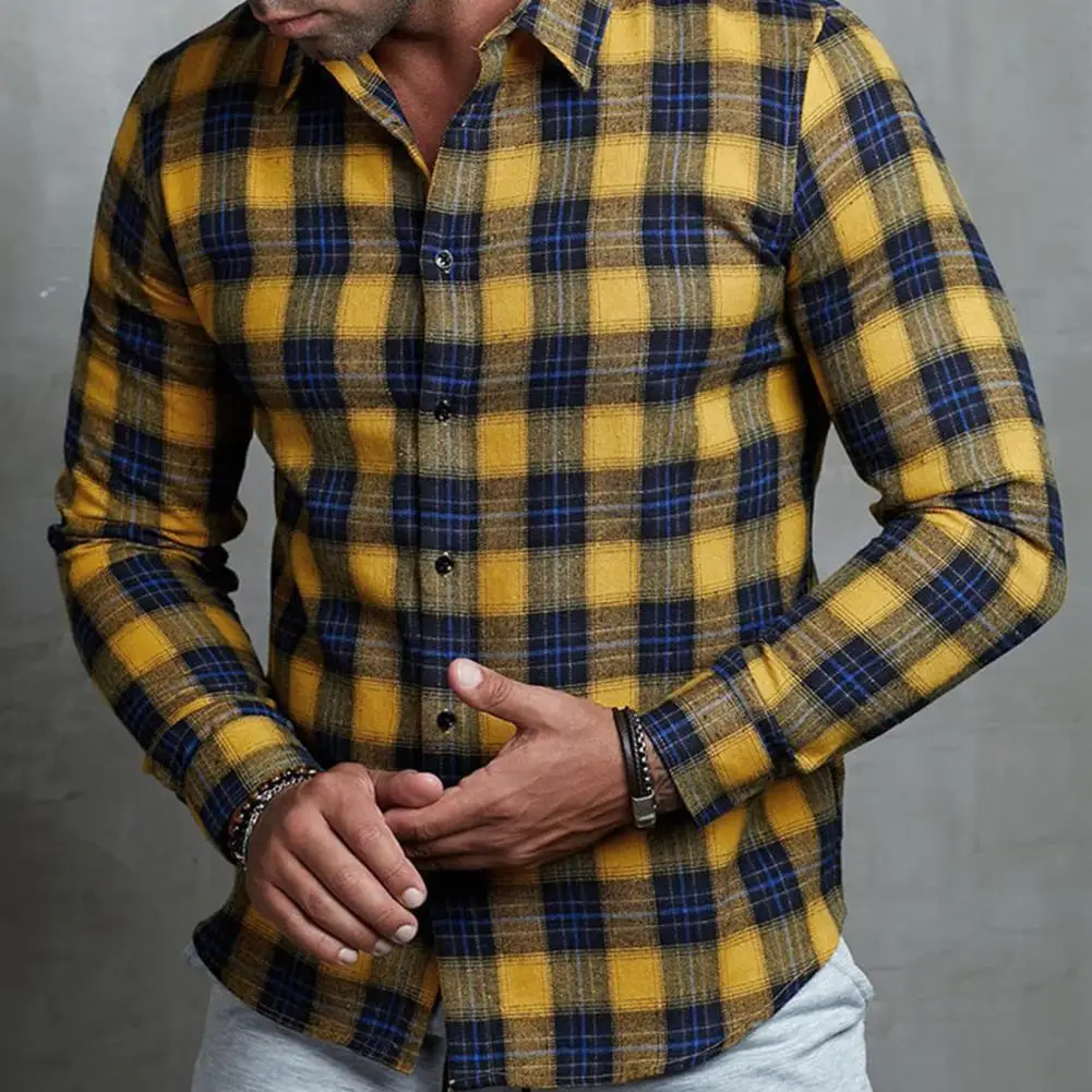 

Spring Autumn Shirt Colorblock Plaid Print Men's Spring Shirt Single-breasted Business Coat with Loose Fit Long for Streetwear