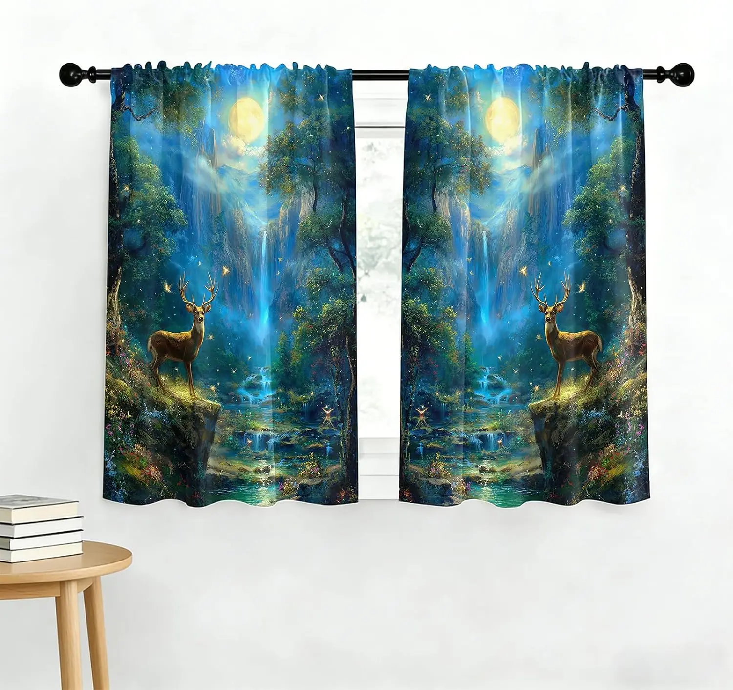 Enchanted Forest Deer Waterfall Curtains 2pcs Pair Magic Nature Drapes for Bedroom Living Room Home Decor Window Backdrop