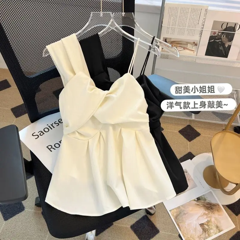 Irregular Off Shoulder Camisole Shirt Temperament Sleeveless Short Top Blusas Mujer Sexy Blouse White Tanks