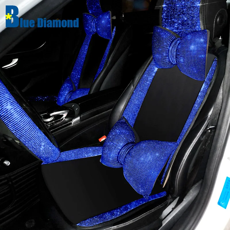 

Crystal Blue Diamond Car Seat Covers Cushion Mat Universal Headrest Pads Fit For Women Ladies Girl Gift Auto Interior Accessorie