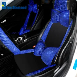 Crystal Blue Diamond Car Seat Covers Cushion Mat Universal Headrest Pads Fit For Women Ladies Girl Gift Auto Interior Accessorie