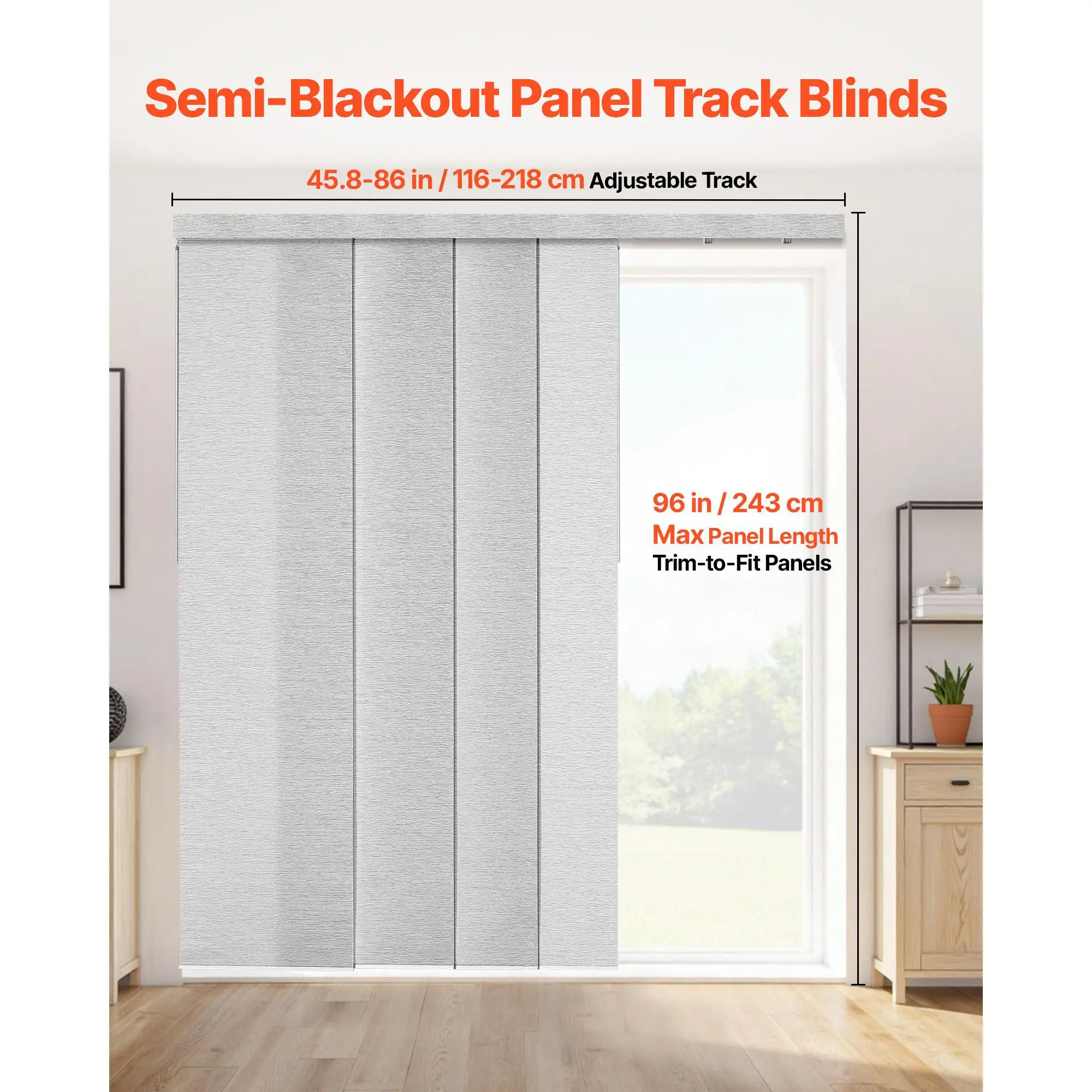 Panel Track Blinds, Extendable Track from 45.8 in to 86 in W, Trimmable Panel Curtains Up to 96 in H, Adjustable Vertical Panel