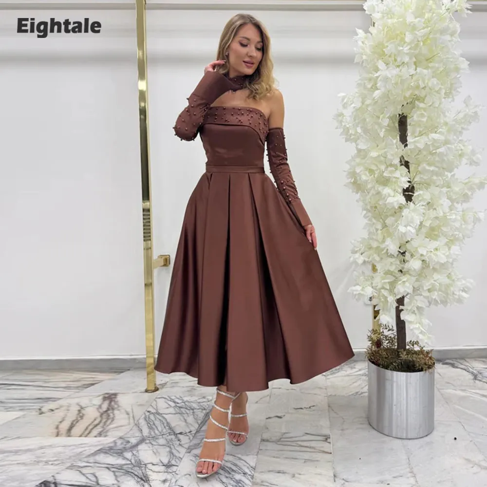 

Eightale Elegant Evening Dress Strapless Beaded Pearls Customized Satin A-Line Prom Wedding Party Gowns