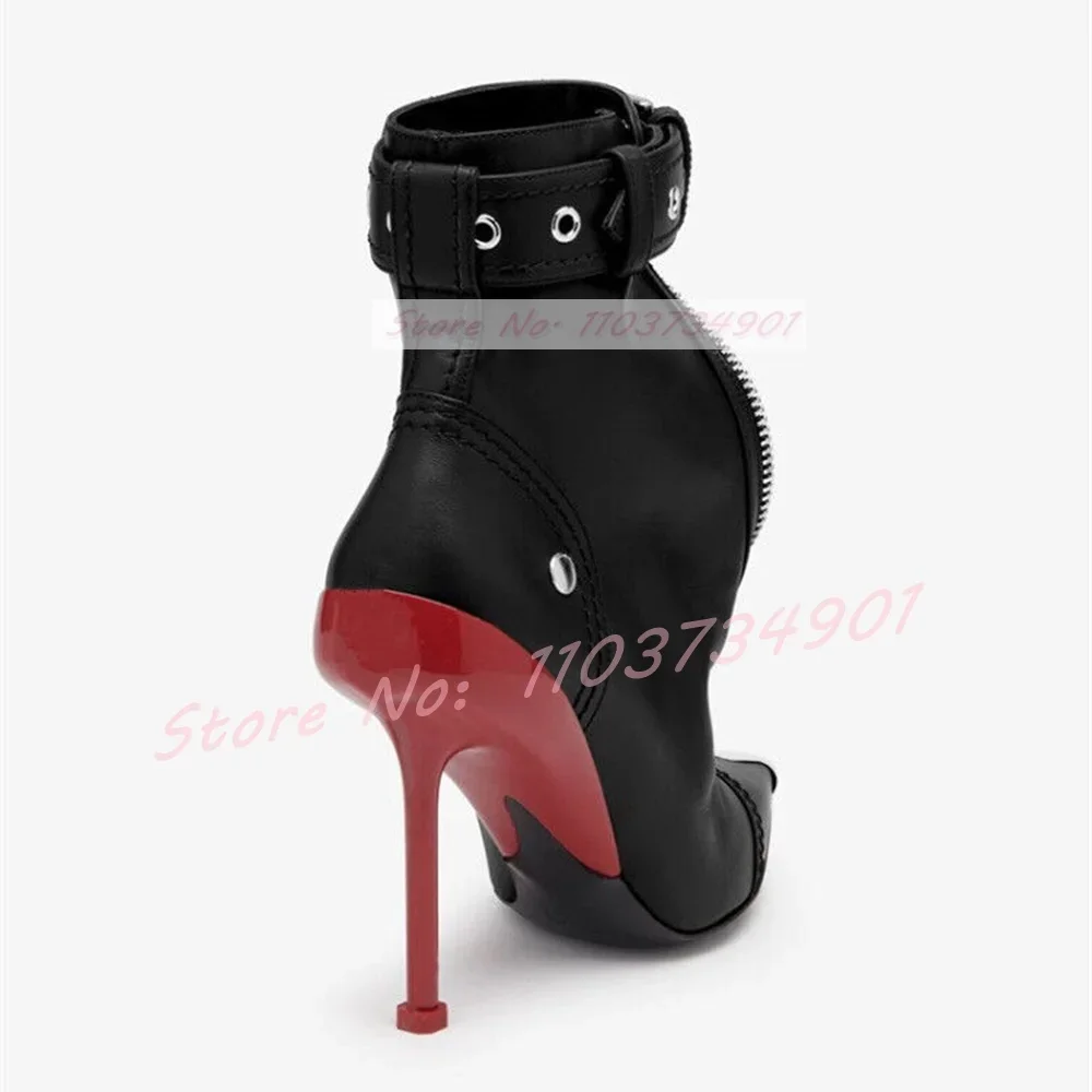 女性用中空アンクルブーツ,ベルトバックル,ジッパー,先のとがった金属のつま先,ハイヒール,スティレット,縫製靴,エレガントなパーティー,セクシー