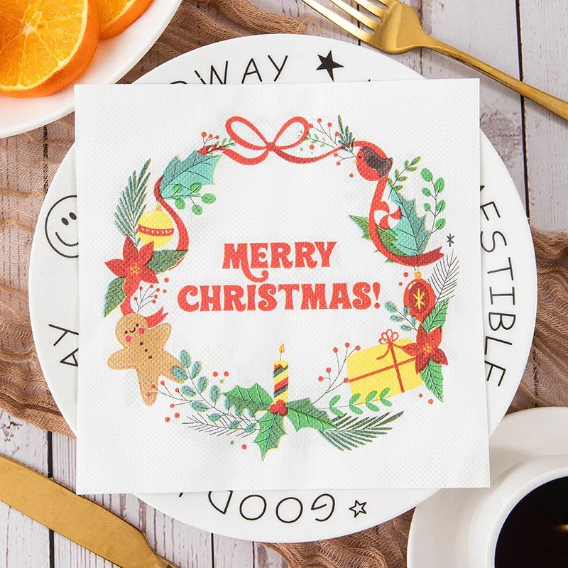 80pcs  Christmas Series Printed Paper Disposable Tableware Napkin Tissues Xmas Happy New Year Party Decoration 20Pcs/pack