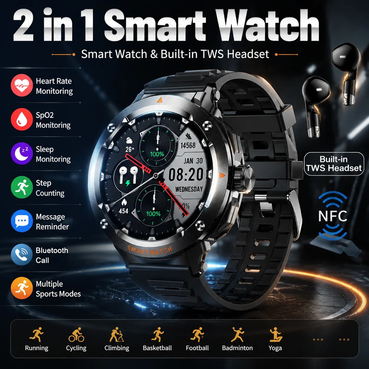 LIGE New TWS Earphones Smart Watch Men Sport Smartwatch Wireless Earbuds Bluetooth Call Health Monitor Fitness Smart Watches NFC
