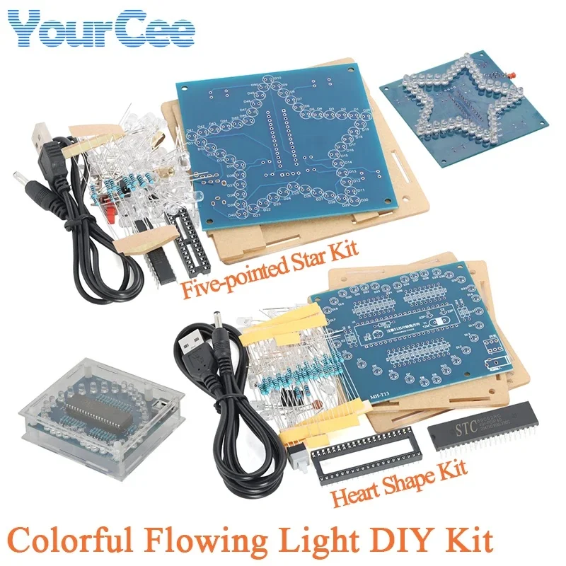 Colorful Flowing Light DIY Soldering Kit 51 MCU LED RGB Board Five-pointed Star Heart Shape Electronic Fun Learning Project