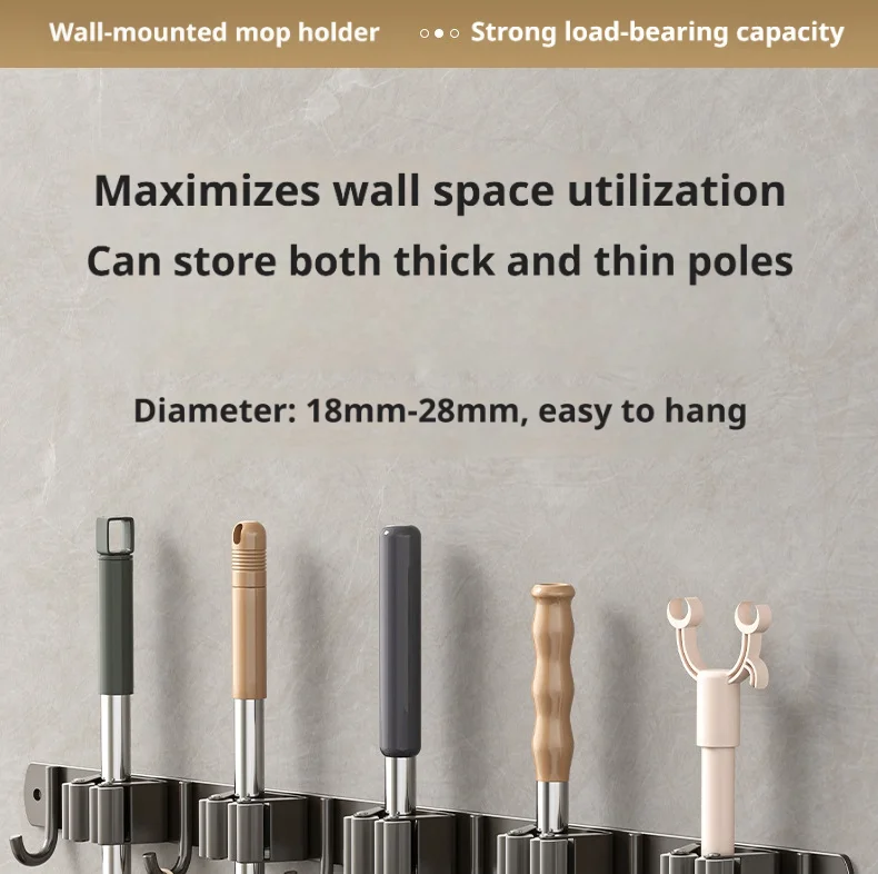 Edelstahl Wandmontierter Mopphalter Organizer mit Haken Bohrfreie Badezimmer-Besen-Aufbewahrungsklammer Robuste Halterung – Detail 6