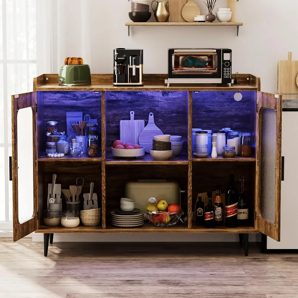 

Liquor Cabinet Bar with Power Outlet & LED Light, Wine Bar Cabinet Buffet Sideboard with Storage Shelf for Kitchen Dining Room