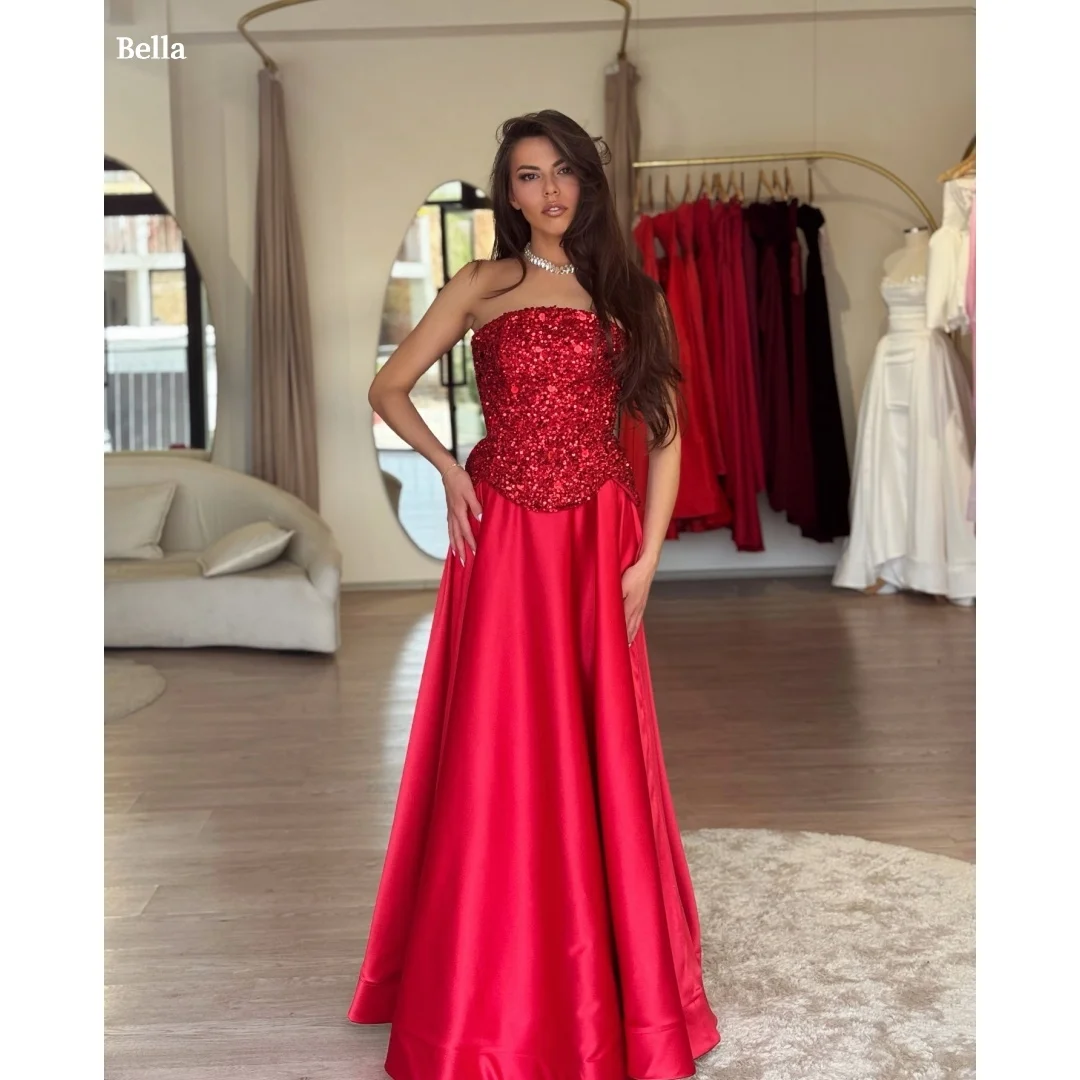 

Bella Customized Red Strapless Sequin Top Prom Dress Satin Skirt Party Dresses Maxi Gown Elegant Formal robes de soirée 2025