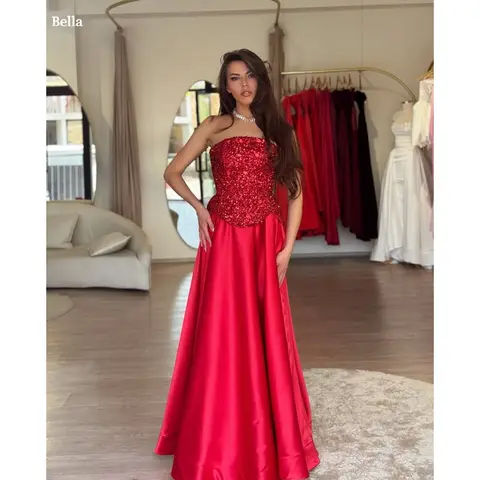 Bella personalizzato rosso senza spalline con paillettes top abito da ballo gonna in raso abiti da festa maxi abito elegante abiti formali de soirée 2025