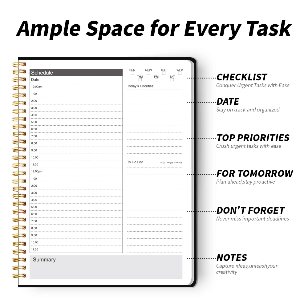 Daily Planner Undated, To Do List Notebook with Hourly Schedule Calendars Meal, Spiral Appointment Organizers Notebook for Man/W