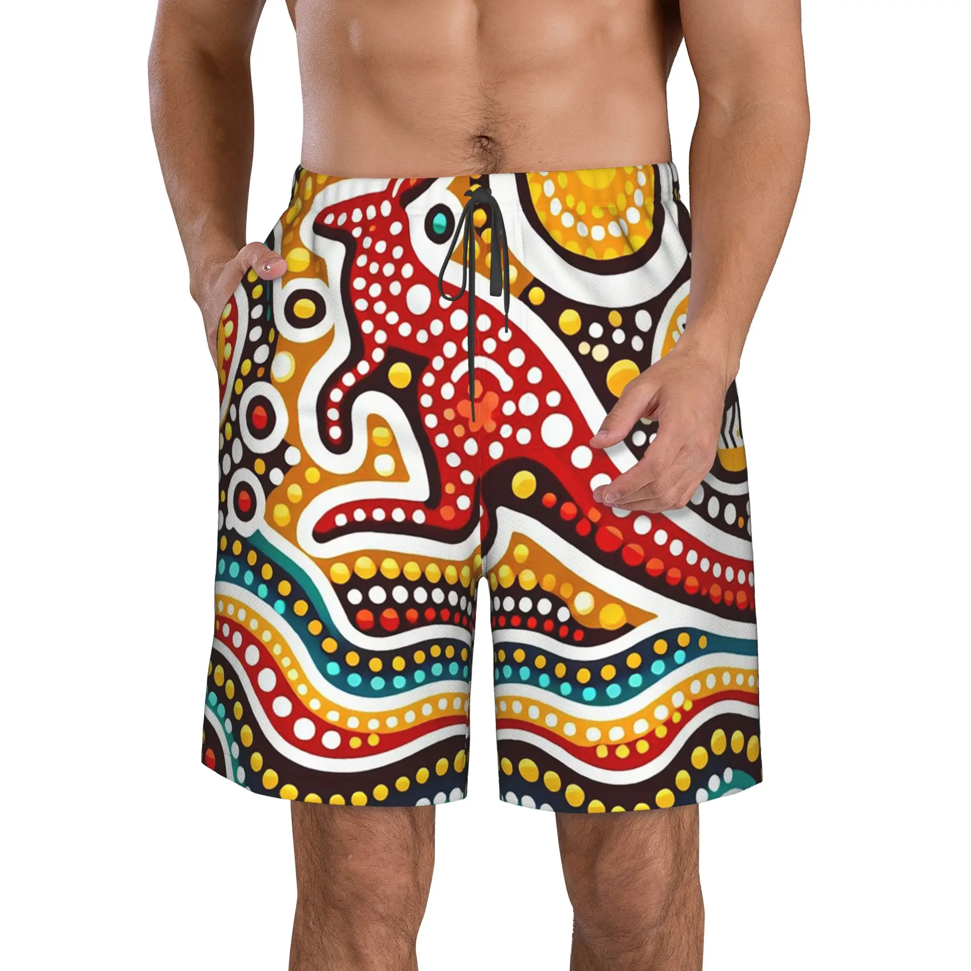 Colorful Kangaroo, Sun, and Abstract Trunks Beach Board Shorts Casual Quick Dry Swim Summer Men Pants