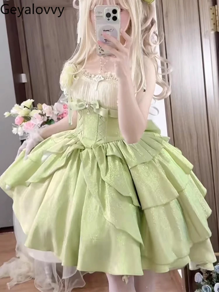 Jsk – robe de princesse verte sans manches, taille haute, nouvelle collection d'été, Lolita, mignonne et douce pour filles, avec nœud à volants, Slim, robes de fête d'anniversaire